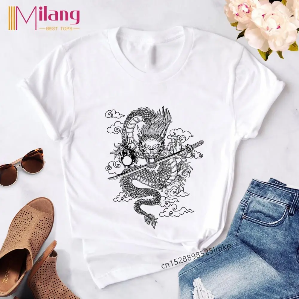 Футболка женская с принтом китайского дракона уличная одежда в стиле хип-хоп Топ