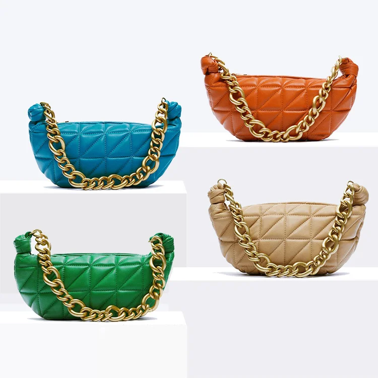 

2021 New ZA Women's Fashion Bag Thick Metal Chain Stitching Thread Lingge One-shoulder Rhombus Handbags Hobo Orange Green
