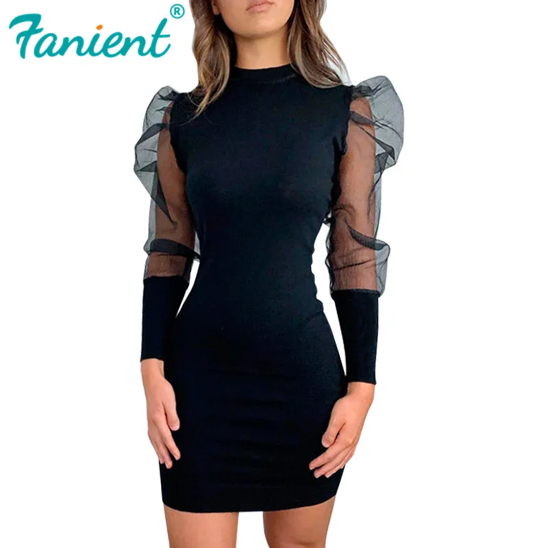 Женское облегающее платье с длинным рукавом Gigot черное Сетчатое прозрачное