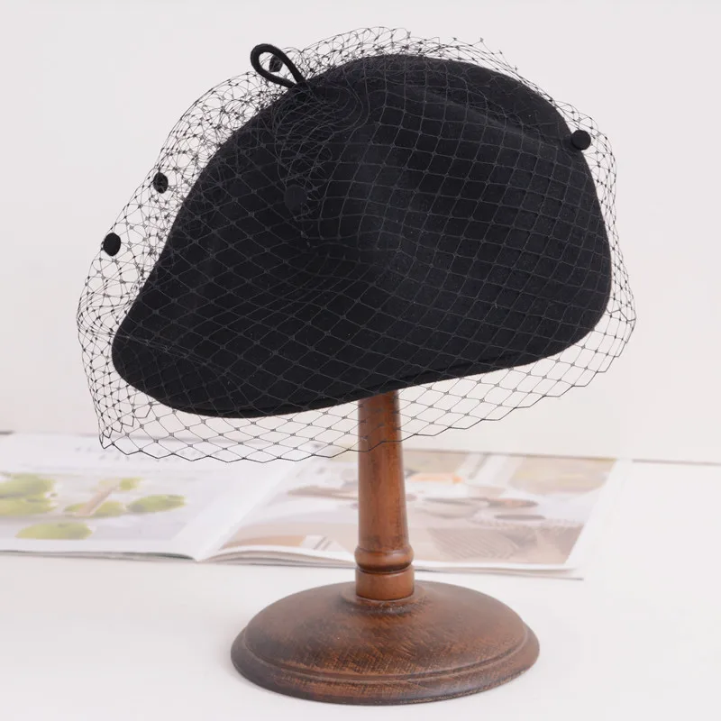 Женская фетровая шляпа-Таблетка черная шерстяная шляпа в стиле Хепберн с