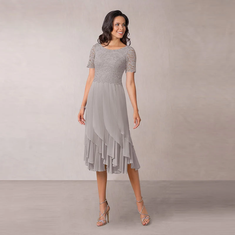 

New Silver Lace Tea Length Mother of the Bride Dresses Short Sleeves Jewel Ruffle Skirt Wedding Party Gowns Plus Size 2021