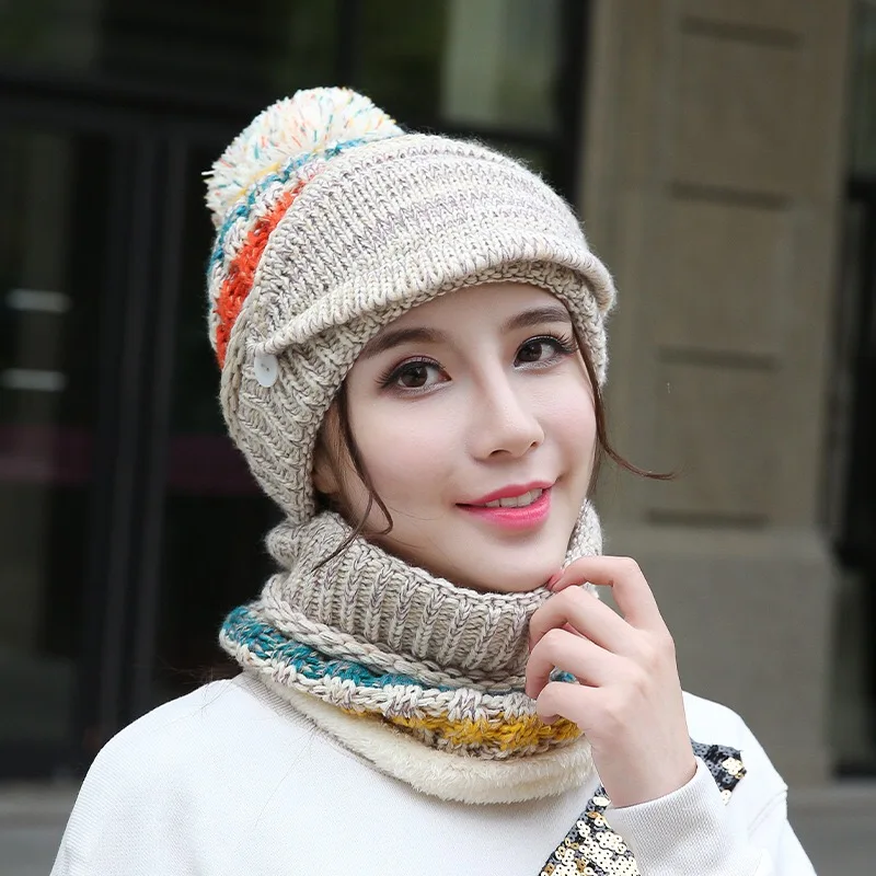 

Women Winter Cycling Hat 3 Piece Warm Wool Beanies Skullies Hats With Mask Collar Bib Female Velvet Thick Anti-Smog Knit Caps