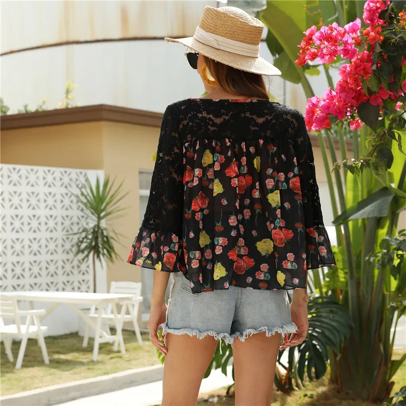 

Summer 2020 Chiffon Patchwork Women Clothing Print Floral Korean Tshirts Casual