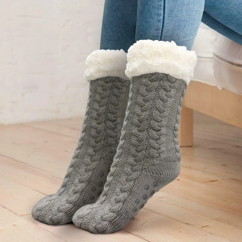 

Зимние женские толстые уютные пушистые теплые нескользящие носки-тапочки на флисовой подкладке шерстяные кашемировые носки
