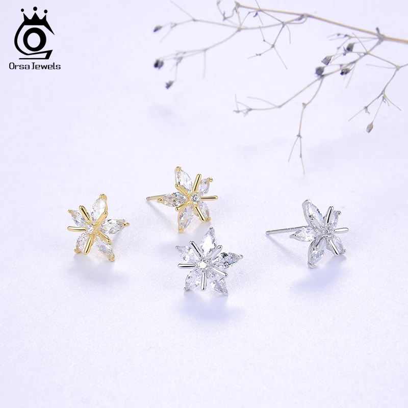 ORSA JEWELS Настоящее S925 Снежинка серьги гвоздики Новые Рождественские тема милые трендовые стерлингового серебра циркония женские ювелирные изделия SE172