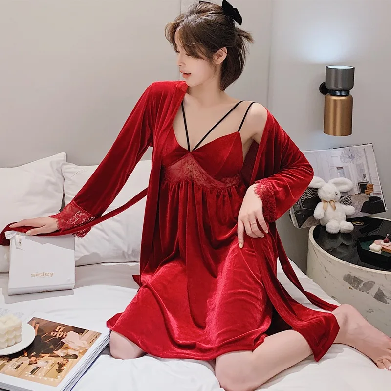 

Women Velvet Robe Gown Set Autumn Winter Sexy Lace Sleepwear Dress Elegant Pajamas Casual Bathrobe