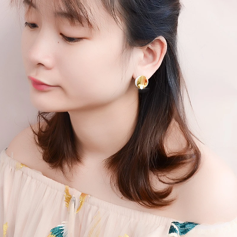 

Korean Style Stainless Steel Stud Earrings For Women Girl Child Fashion Jewelry Gift Simple Inlaid AAA Cubic Zirconia Ear Aretes