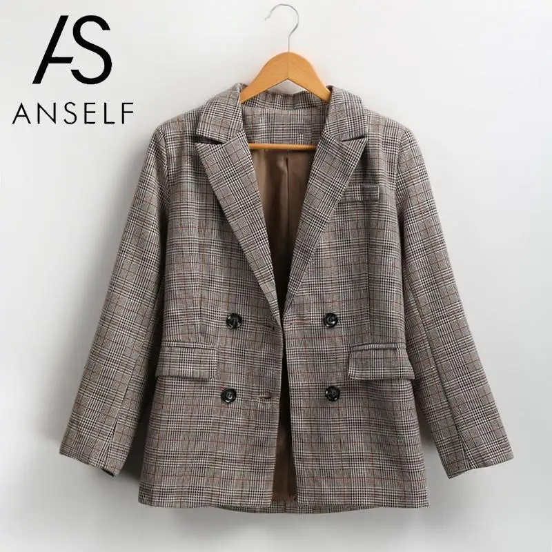 Женский офисный блейзер в клетку ANSELF винтажный двубортный с длинным рукавом