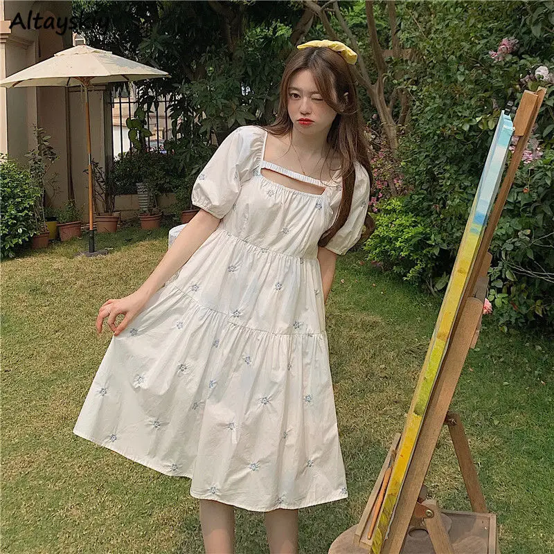 

Dress Women Sweet Puff Sleeve Square Collar Stretchy Empire Knee-length Dresses Flower Lovely Students Baggy Vestido Mujer Chic