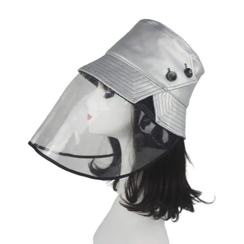 

Unisex Detachable Face Shield Bucket Hat Leather Side Slit Button Fisherman Cap