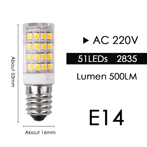 E14 2835 51LED 220V Светодиодная лампа G4 G9 E14, лампа с затемнением, COB SMD, AC DC 12 В, 220 В, 3 Вт, 6 Вт, 9 Вт, сменная галогенная лампа, прожектор, люстра, Bombillas - Испускаемый цвет: E14 2835 51LED 220V