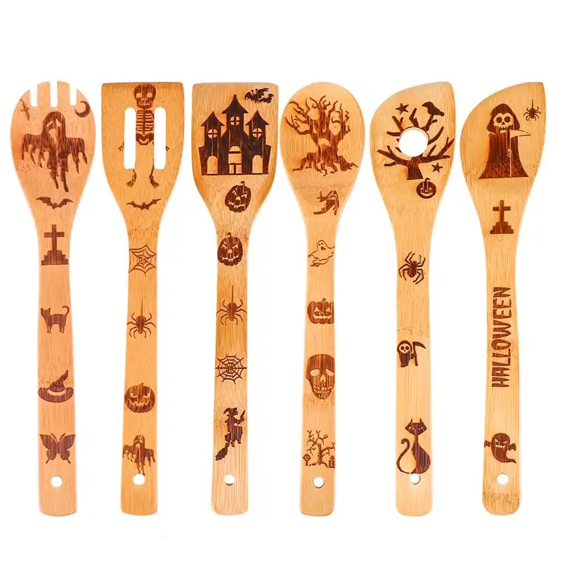 

6pcs Halloween Bamboo Wooden Slotted Spatula Mixing Spoon Non-Stick Frying Steak Shovel Heat Resistant Kitchen Cooking Utensils
