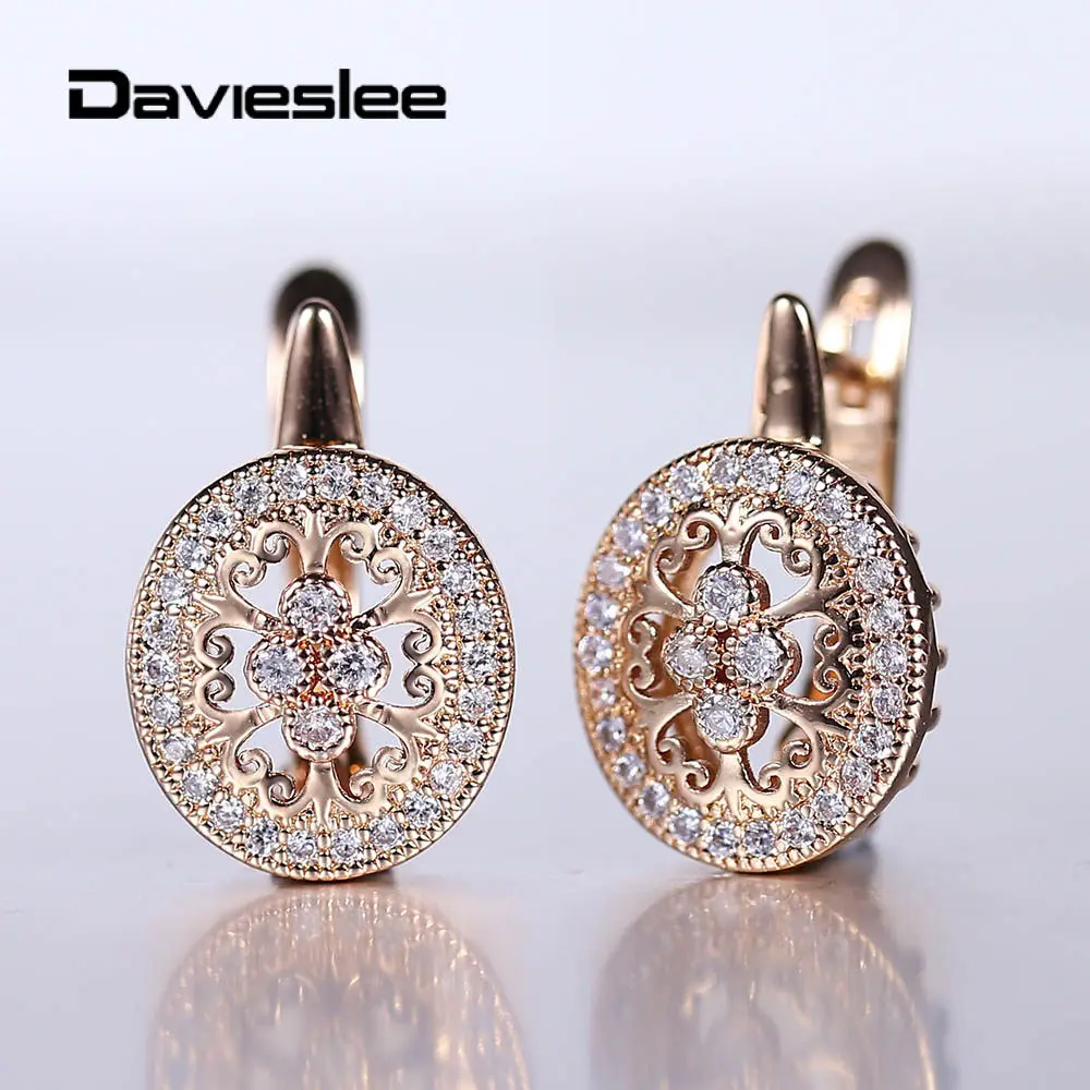 

Accessories 585 Rose Gold Color Stud Earrings Round Paved Clear Cubic Zircon Drop Wedding Earrings for Women Girls DGE290
