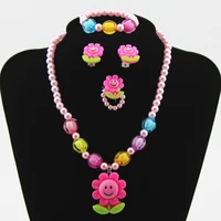 jewelry set necklace bracelet earring ring cartoon cat unicorn sunflower plastic pearl flower accessories for children