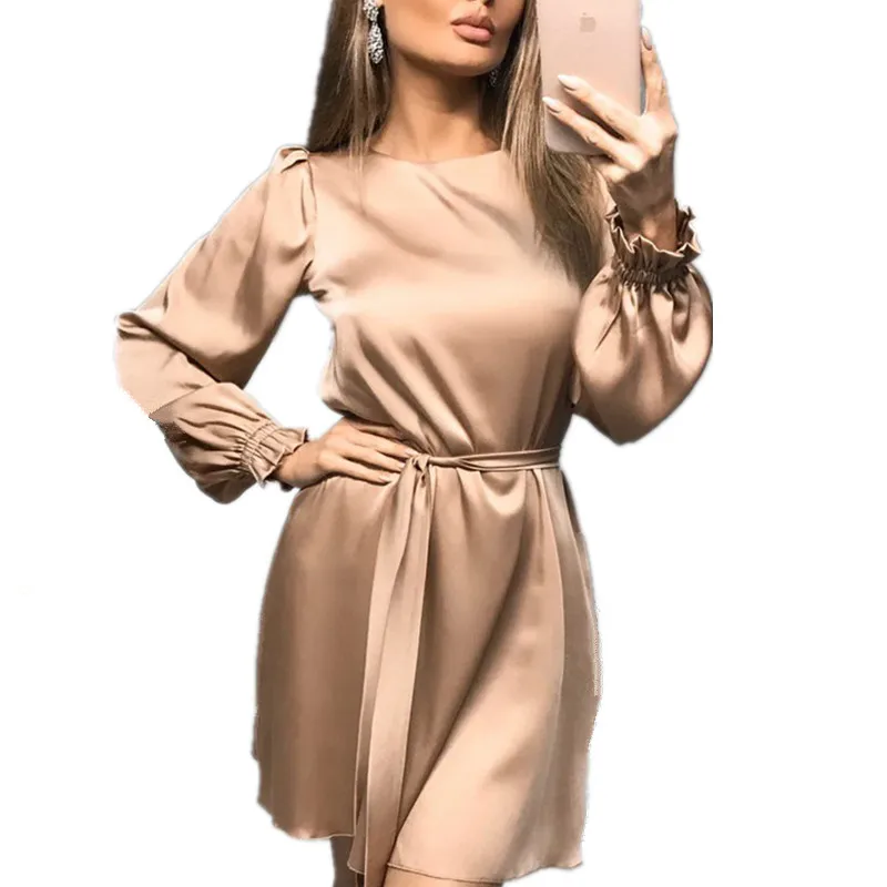 Повседневное Атлас мини платье трапециевидной формы для женщин с круглым