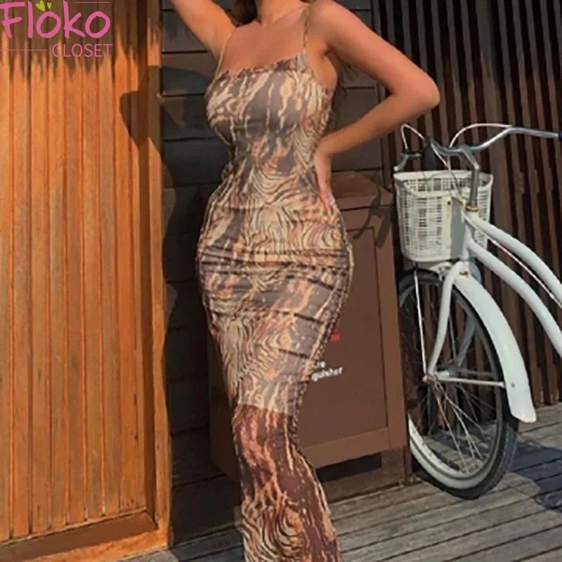 

Flokocloset Sexy Backless Print Bodycon Dress Women Summer Spaghetti Strap Party Split Dresses