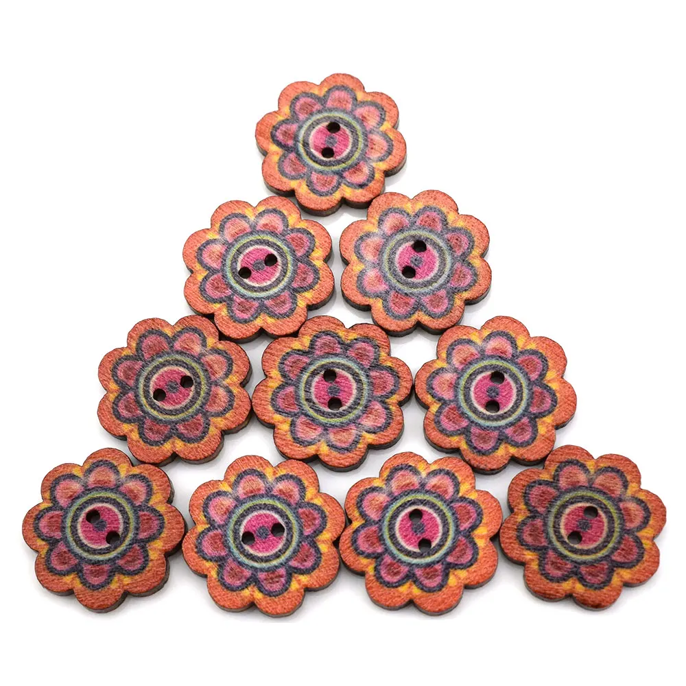 50 шт. 2 отверстия темные смешанные деревянные пуговицы в виде цветка шитье