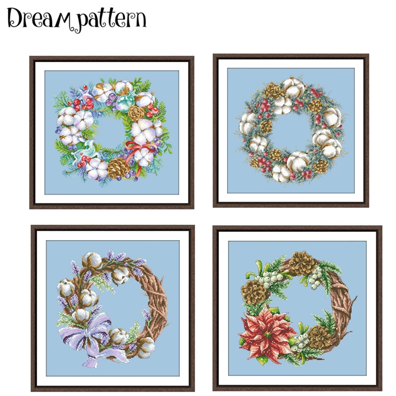 Рождественский красный цветочный венок Набор для вышивки крестиком 14ct 11ct