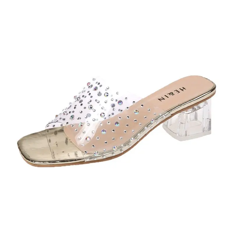 

New Summer Clear Transparent Slippers Crystal Sexy Ladies Shoes Women Shoes Woman Mules Thick High Heels Casual Shoes Plus Size