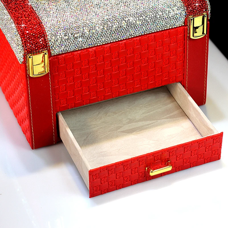 

Jewelry Box Leather Cosmetic Box Organizer Crystal Necklace Ring Bracelet Earrings Jewelry Makeup Tool Storage Box Wedding Gifts