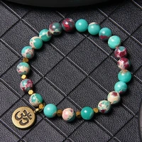 natural round stone beads bracelet gem picture stones for women men yoga om tag charm pendant bracelets jewelry male gifts