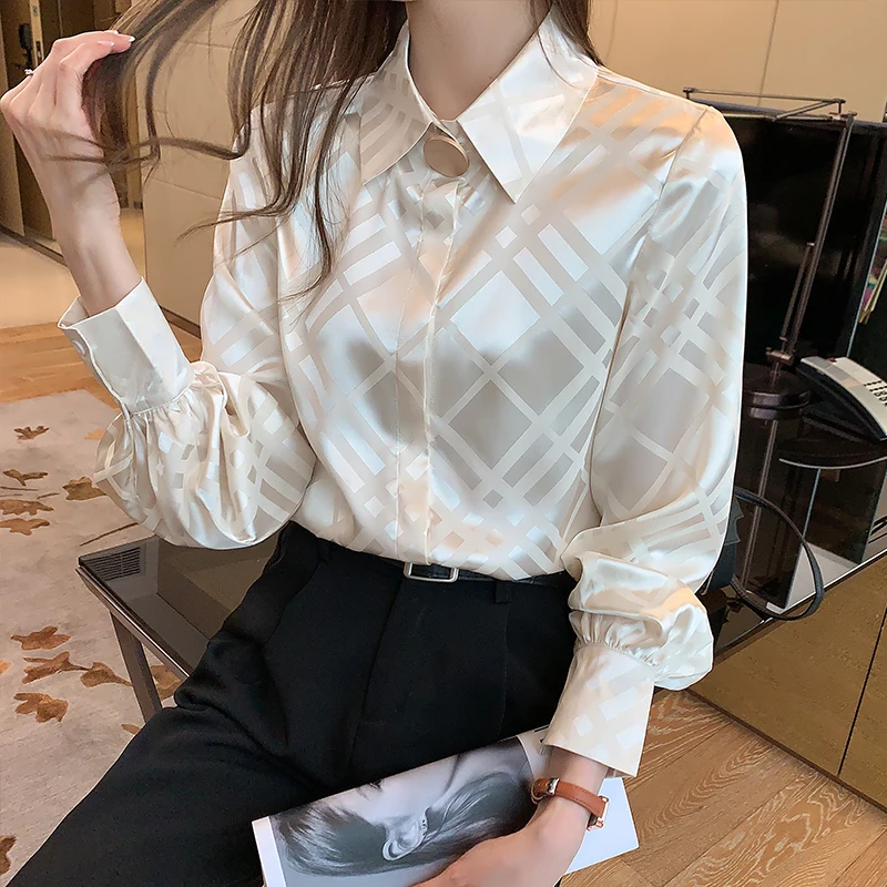 

2021 Autumn Women's Shirt Satin Printed Chiffon Basic Polo-Neck Hook Flower Women Blouses Long Sleeve Striped Fashion Top Shirts