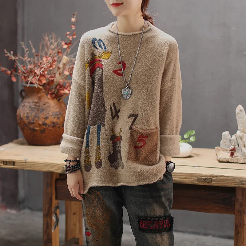 Women Sweater Autumn Retro Loose Knitting Casual Pullovers 2019 New Ladies Tops O-Neck Print Character All-match | Женская одежда
