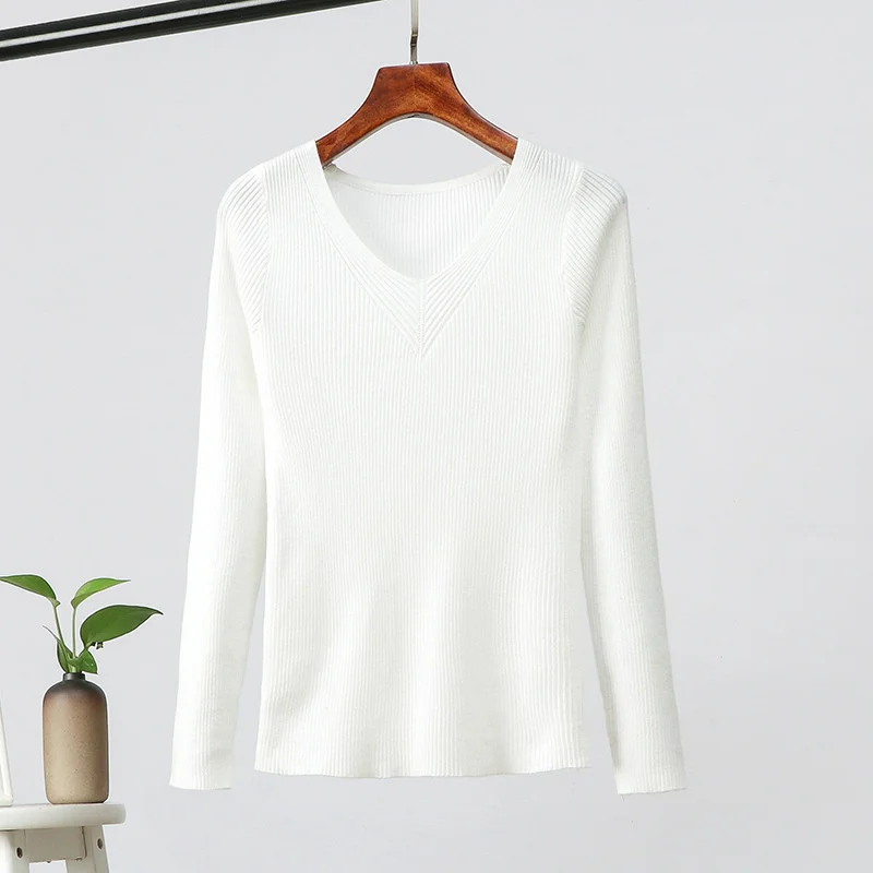 

Свитер женский трикотажный в рубчик, пуловер с длинным рукавом и V-образным вырезом, Облегающий мягкий теплый джемпер, Осень-зима