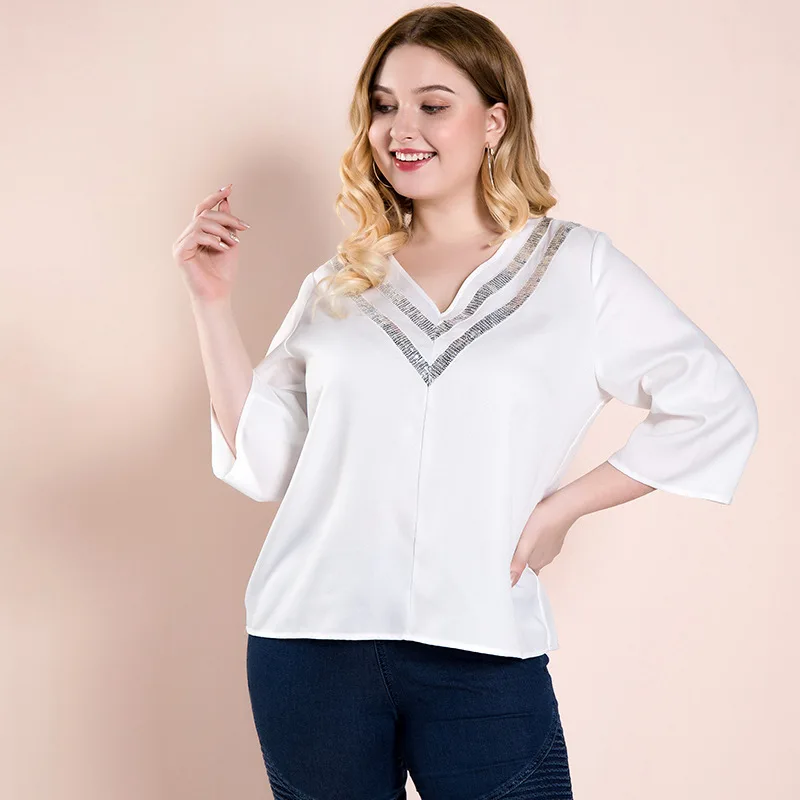 

Plus Size Women's Blouses for Summertop Female 2021 Bronzing Decoration V Neck Three Quarter White Shirts for Women Fashion