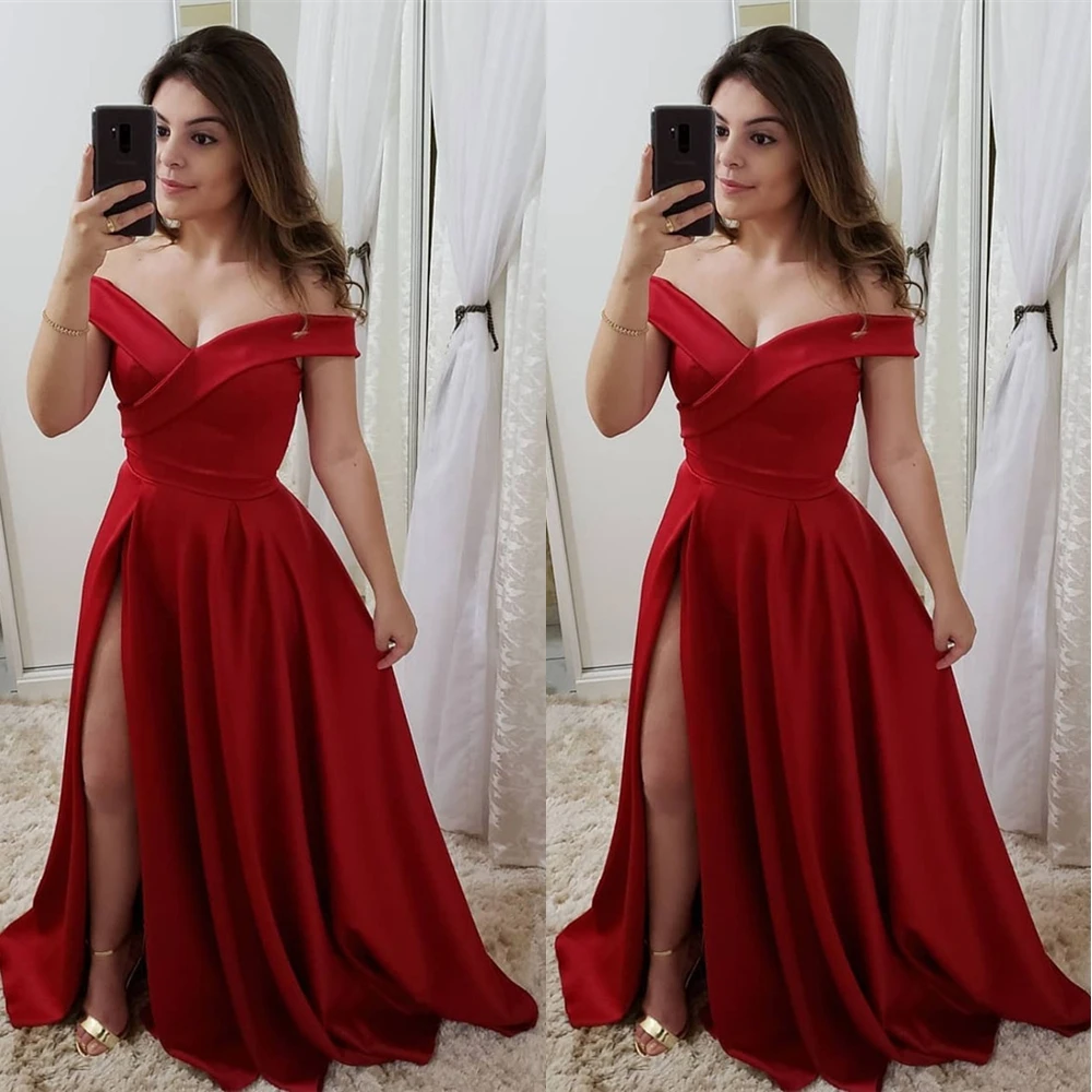 

Satin Formal Dresses New Prom Party Gown Custom Evening Dress A Line Thigh-High Slits Off-Shoulder Floor-Length NONE Train