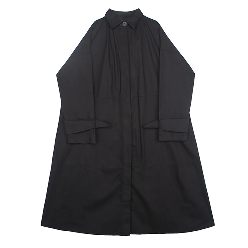 

[EAM] Women Black Brief Long Big Size Trench New Lapel Long Sleeve Loose Fit Windbreaker Fashion Tide Spring Autumn 2021 1DB745