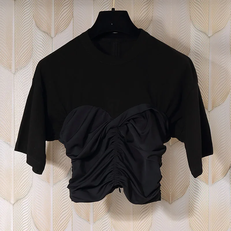 

AW Patchwork Shirt 2020 Summer O-Neck Tunic Pleated Slim-fitting Wild Cotton T-shirt Women Fashion Chic Casual Contrast T-shirts