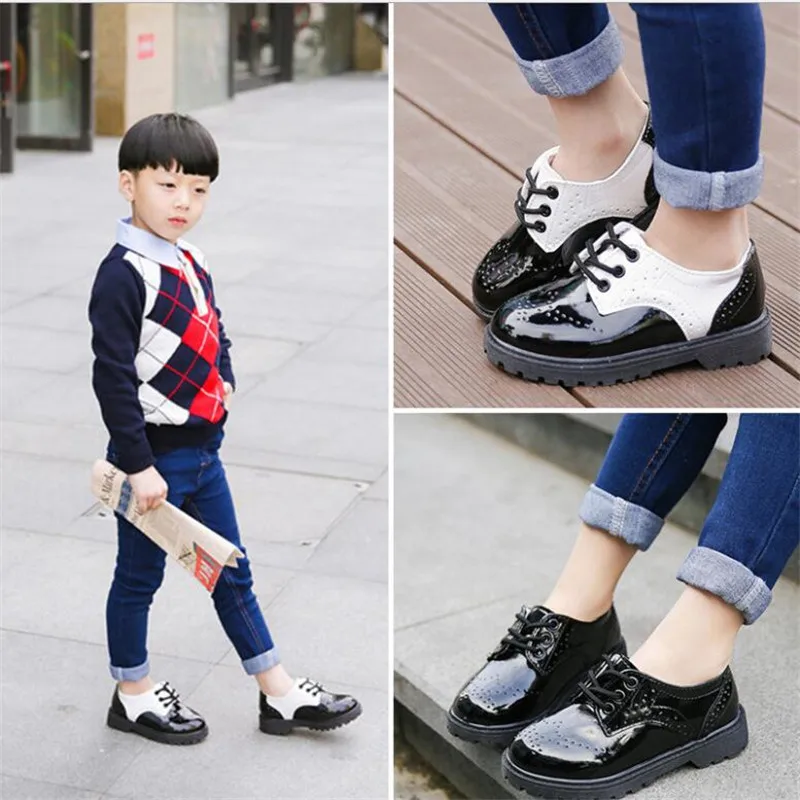 

New Spring Summer Autumn Children's Single Shoe Lace Up Patent Leather British Style Casual Sneakers PU Leather Fashion Shoes