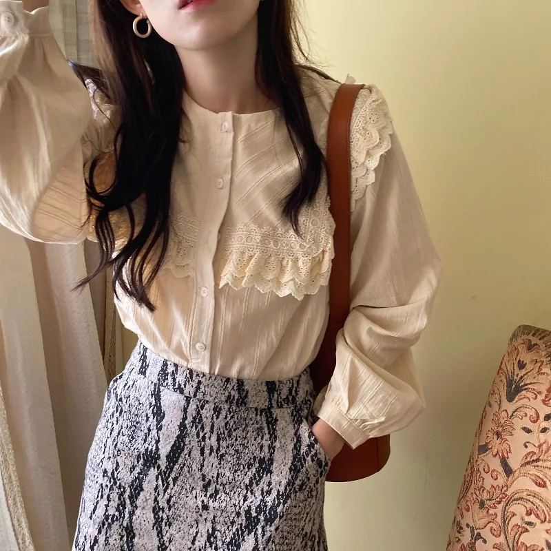 Женская винтажная блузка с длинным рукавом Alien Kitty элегантная ажурная в Корейском