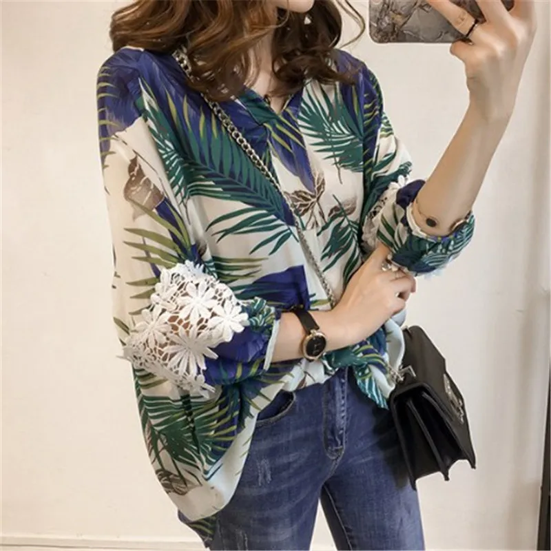 Новые женские летние топы с принтом Блузки 2021 модные рубашки кружевом 3/4 блузка