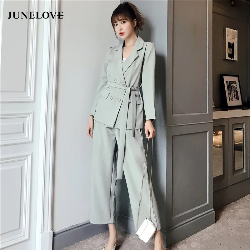 JuneLove Весна Осень Женщины Узелок Pant Suit Vintage Зубчатый Blazer куртки & офиса одежда