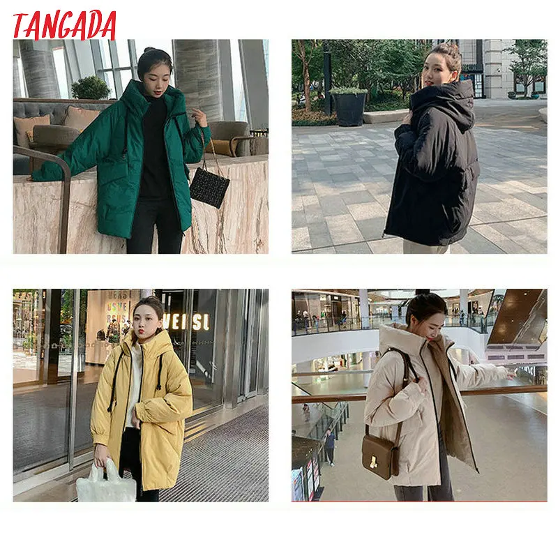 Tangada, зимняя женская парка с хлопковой подкладкой и капюшоном, большие карманы на молнии, длинный рукав, желтое длинное пальто, корейская мода AMK04