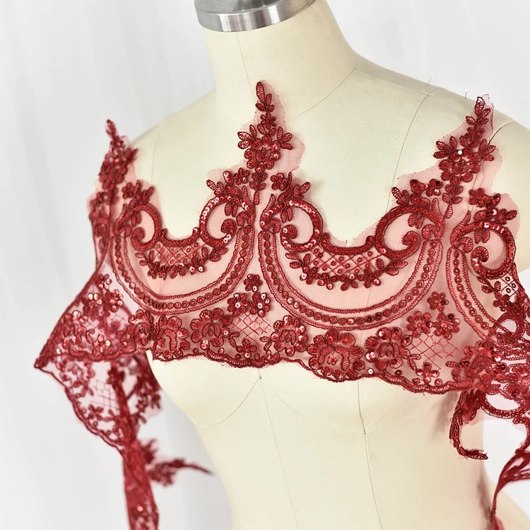 Wine sequin 6Y 3Y/6Y 24 см белый красный блесток черный Красивая Вышивка Свадебное кружево Аппликация отделка кружевной ткани DIY ремесло - Цвет: Wine sequin 6Y