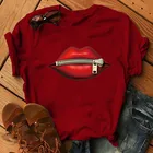 Футболка женская на молнии с принтом губ, свободная рубашка с коротким рукавом и круглым вырезом, топ, на лето