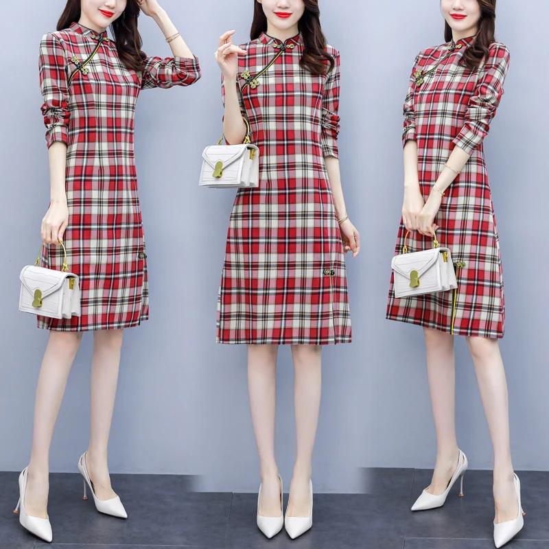 Новинка 2021 модное классическое Хлопковое платье в клетку китайском стиле Ципао