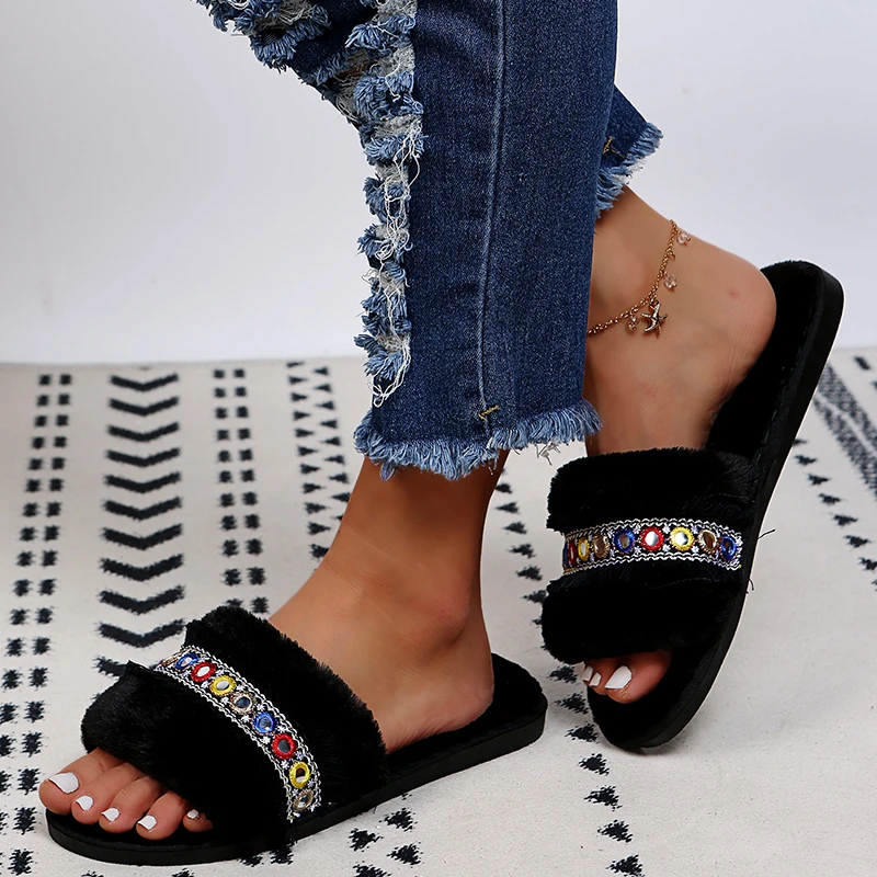 

Women House Slippers Female Flock Heart-shaped Warm Plush Flat Slipper Lady Comfortable Indoor Home Cotton Shoe Women's Footwear