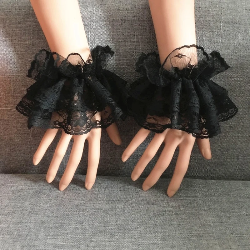 

Steampunk Lolita Hand Sleeve Wrist Cuffs Ruffled Floral Black Lace Elastic Bracelet Elegant Ladies Short Lace Gloves Halloween