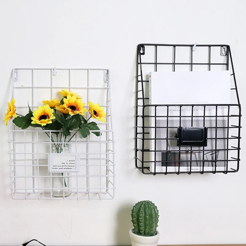

Wall-mounted Grid Hanging Rack Newspaper Magazine File Iron Storage Basket Office Home Suppies