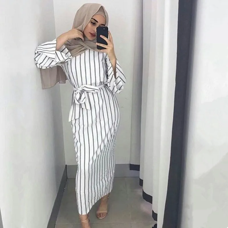 

Plus Size Fashion Striped Muslim Robe Musulmane Turkish Dubai Abaya Muslim Dress Arab Worship Service Abaya