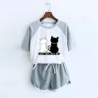 Женская домашняя одежда, пижамный комплект с принтом Love Cat, Повседневная футболка с коротким рукавом, одежда для сна, комплект ночного белья, летний пижамный комплект для женщин