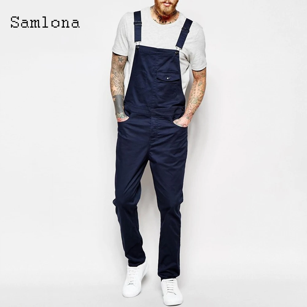 Sexy men clothing ropa hombre skinny jeans denim pant jumpsuit multi-pocket demin overalls casual romper mens strappy trousers