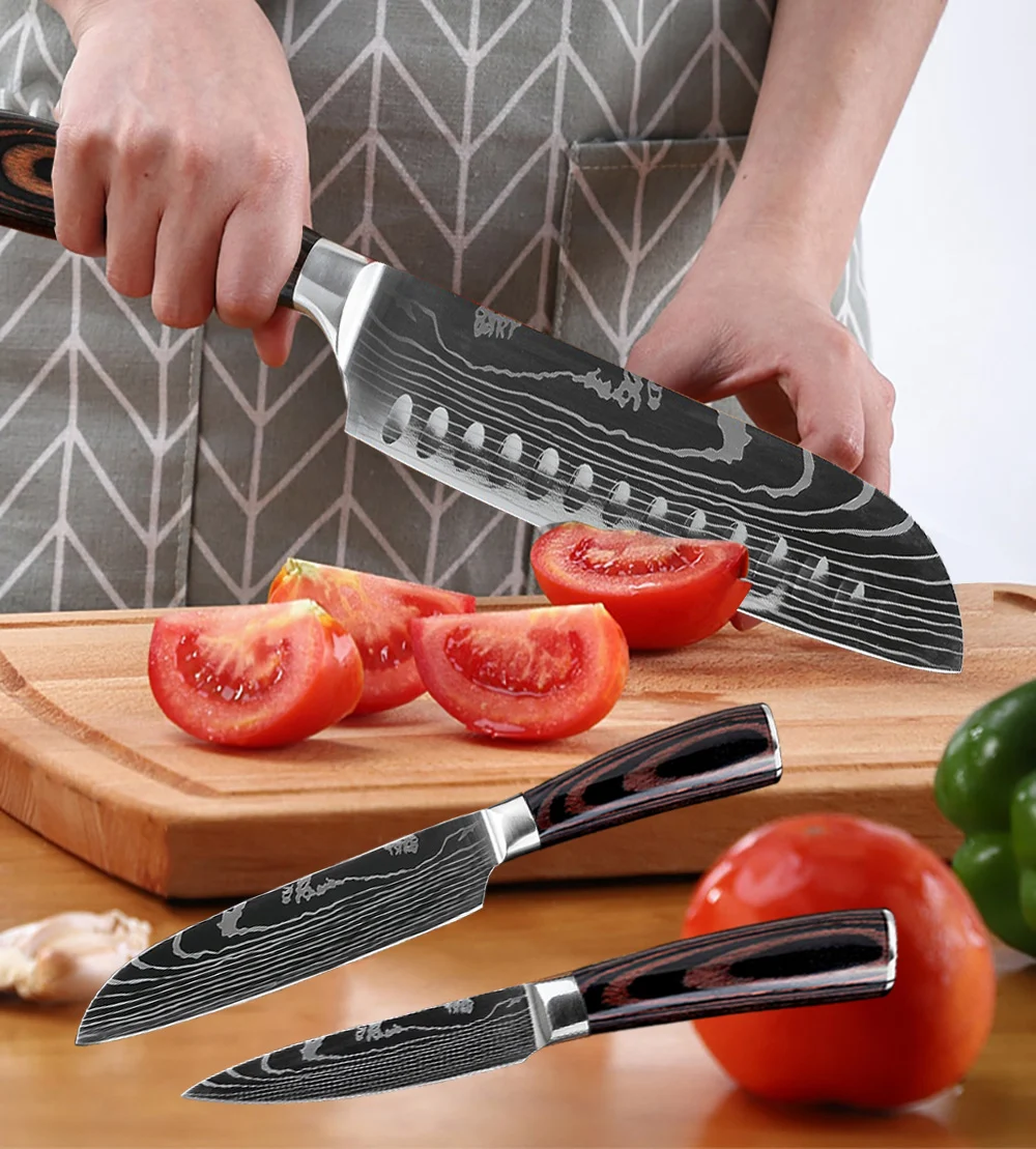 

XITUO Stainless Steel Knife Holder Kitchen Set Knife Damascus Pattern Santoku Utility Japanese Chef Knife Scissors Cooking Tools