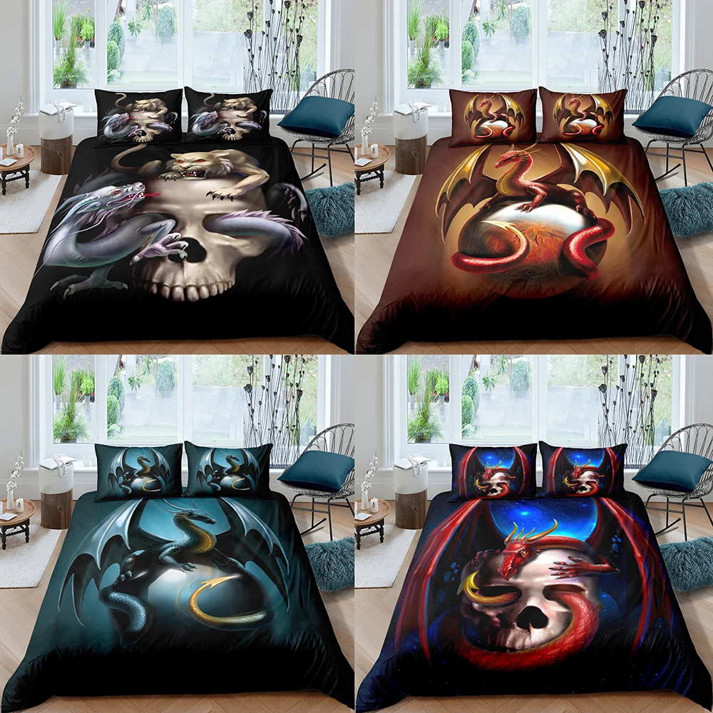 

Euro 3D Bedding Set Dragon Skull Duvet Cover Home Polyester Fantasy Quilt Cover With Pillowcase For Adult Children Full Size New