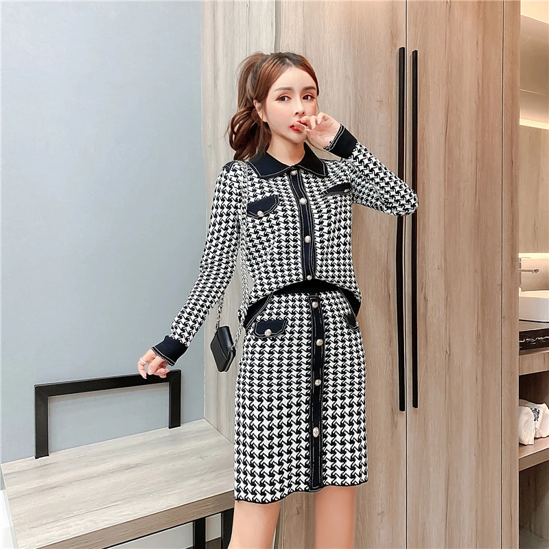 Women'S Fashion Houndstooth Knit Setup Winter Sweater Clothes With High Waist Skirt Autumn OL Two-Piece Korean Party Dress Sets |