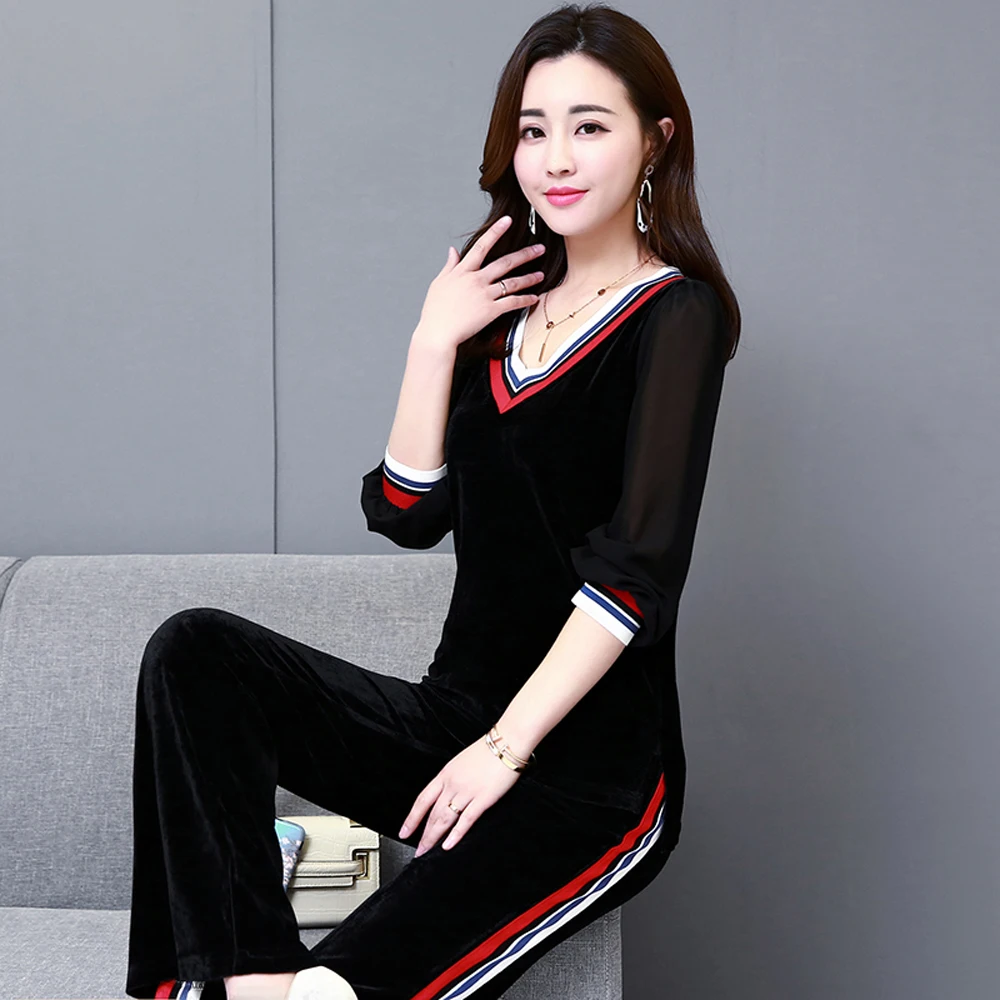 

Winter Warm Black Velvet Two Piece Set Tracksuits for Women Outfits Sportsuit Plus Size 5XL Top Pant Co-ord 2020 Fall Clothing